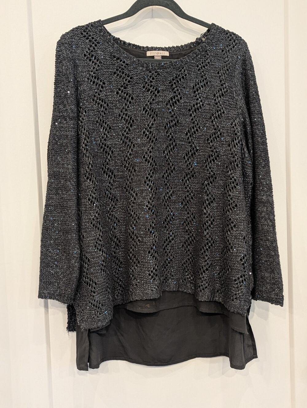 Roz&Ali Women's 2X Gray Sequin Sweater Layered Holiday Formal Grandmacore